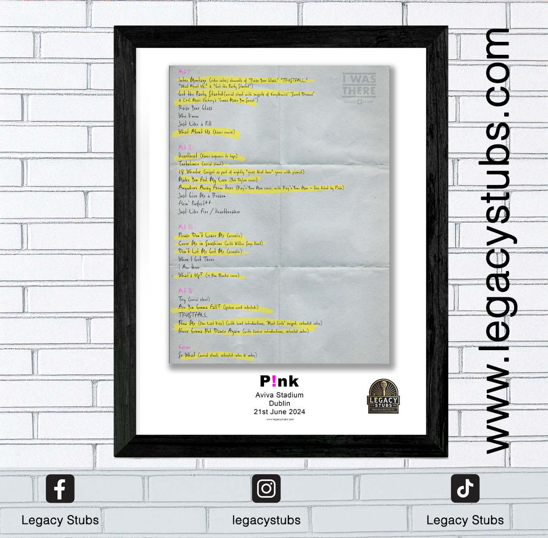Pink Aviva Stadium Dublin 21st June 2024 Replica Setlist